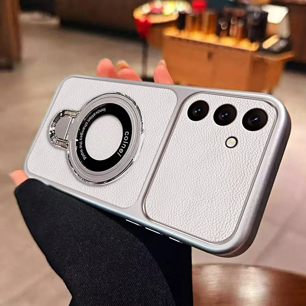 Luxury Lychee Grain Holder Phone Case For Samsung A17 A27 A37 A57 A16 A26 A36 A56 A15 A35 A55 A54 Shockproof Stand Soft Cover