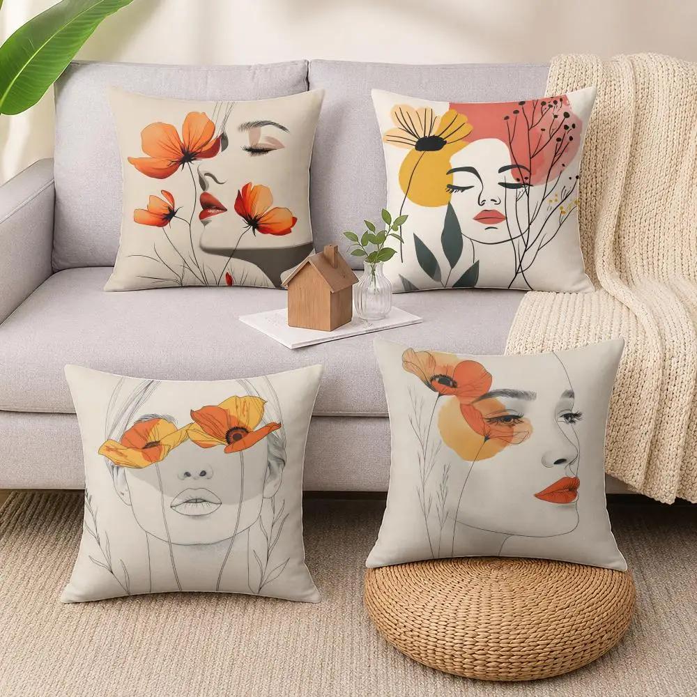 Flowers and Women Cushion Cover Luxury Soft Plush Short Fur Cushion Case Warm Cozy Sofa Bed Decorative Home Accent