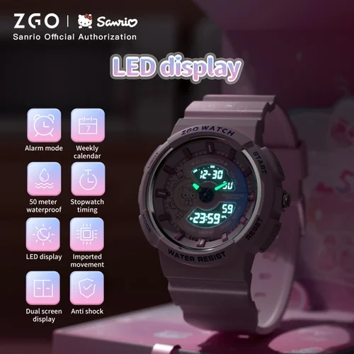 Imagen 2 del producto ZGO Sanrio Hello Kitty Reloj electrónico para mujer Lindo y elegante Reloj digital deportivo multifuncional de doble pantalla Regalo 8573