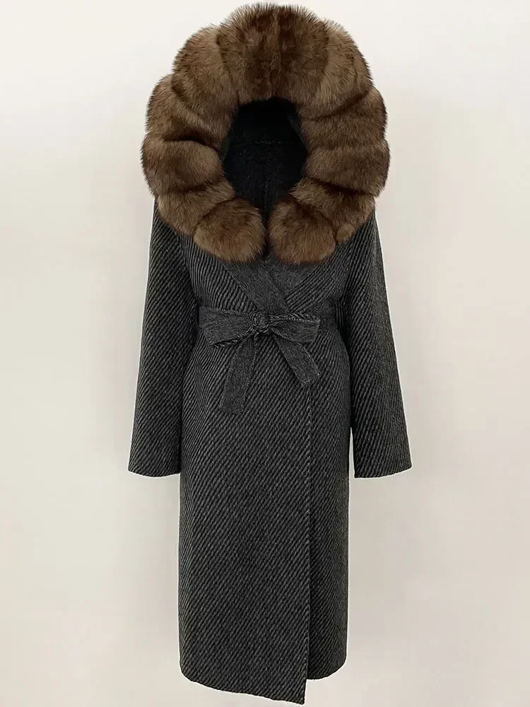 Women 2025 New Winter Hooded Detachable Collar Fur Wool Clothes Long Woolen Jacket Real Natural Fox Fur Coat Casual Overwears