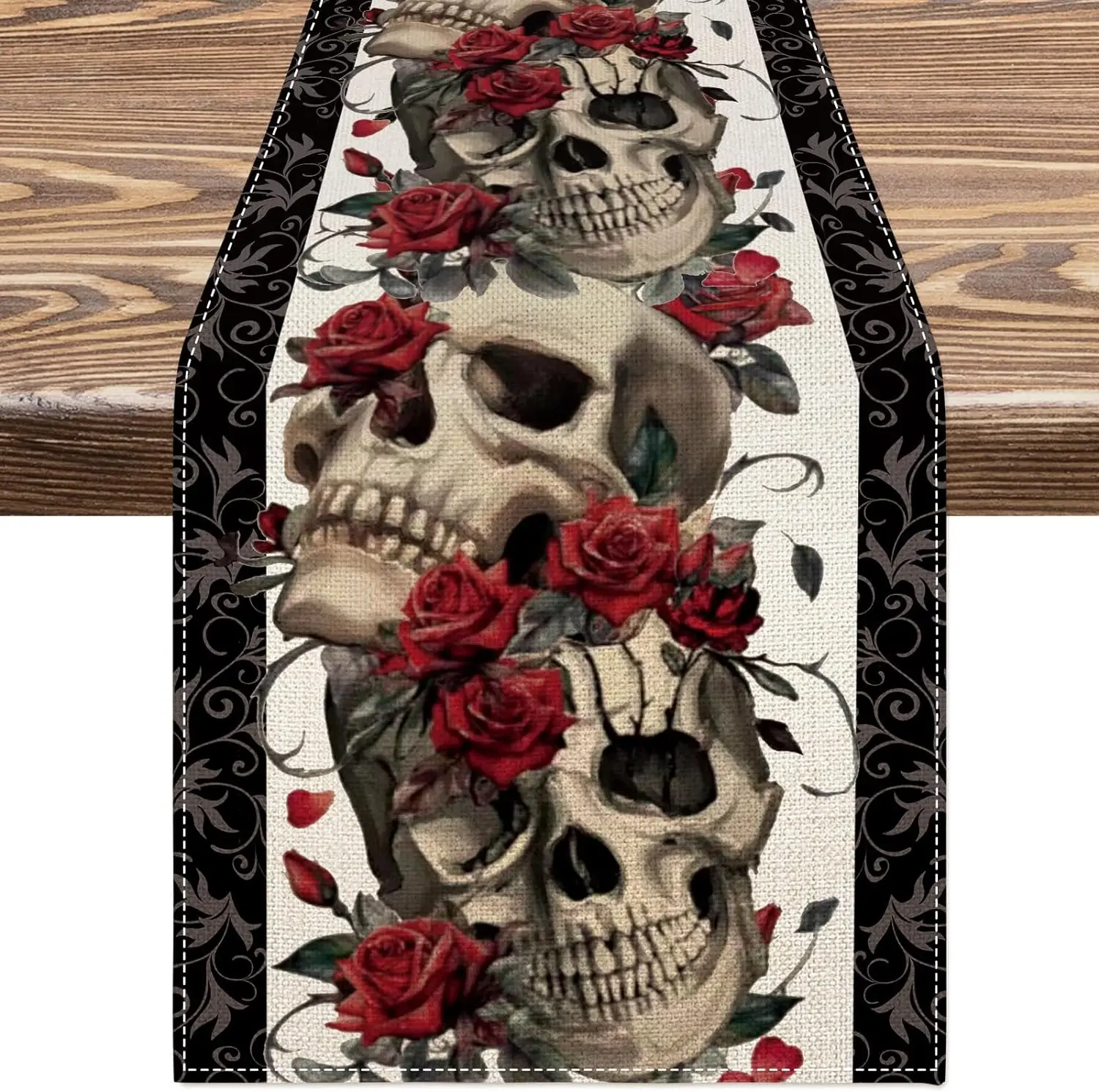 Halloween Skull Rose Linen Table Runner Halloween Decoration Washable Farmhouse Kitchen Dining Table Runners Holiday Party Decor