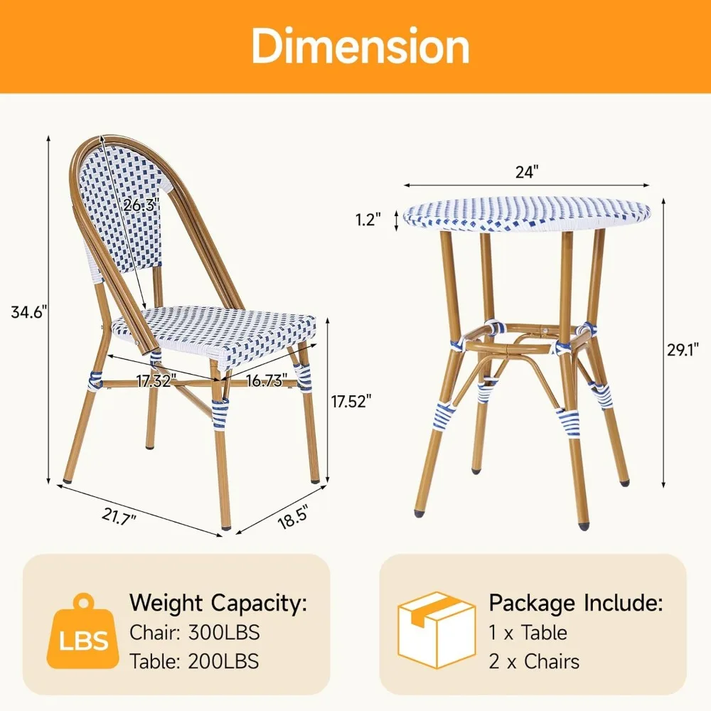 Ensemble de bistro français 3 pièces en osier, ensemble de bistro de patio avec table et 2 chaises de salle à manger, toutes saisons ‎ Extérieur ‎ Ensemble bistro avec aluminium