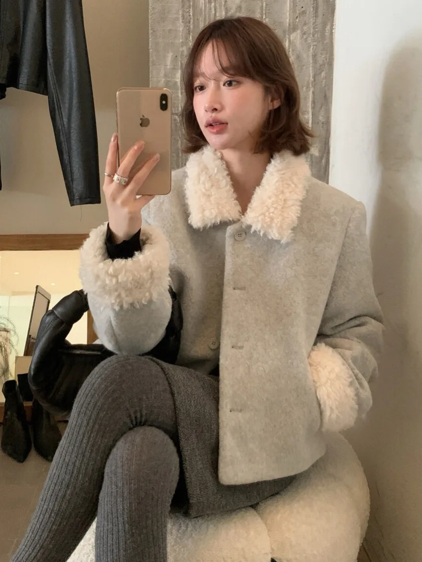 

Korean Sle ort Thiened Woolen Coat Women's Winter Jaet Warm Cotton Fluffy Collar Inner Wear Casual Street Sle