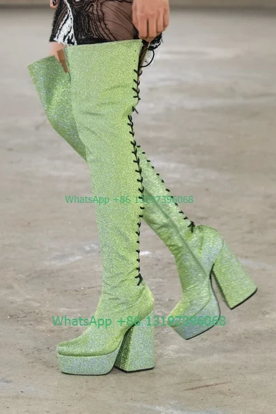 

Lady green bling rhinestone thigh boots chunky heel back hollow lace-up side zip boots platform design T show boots footwear 46