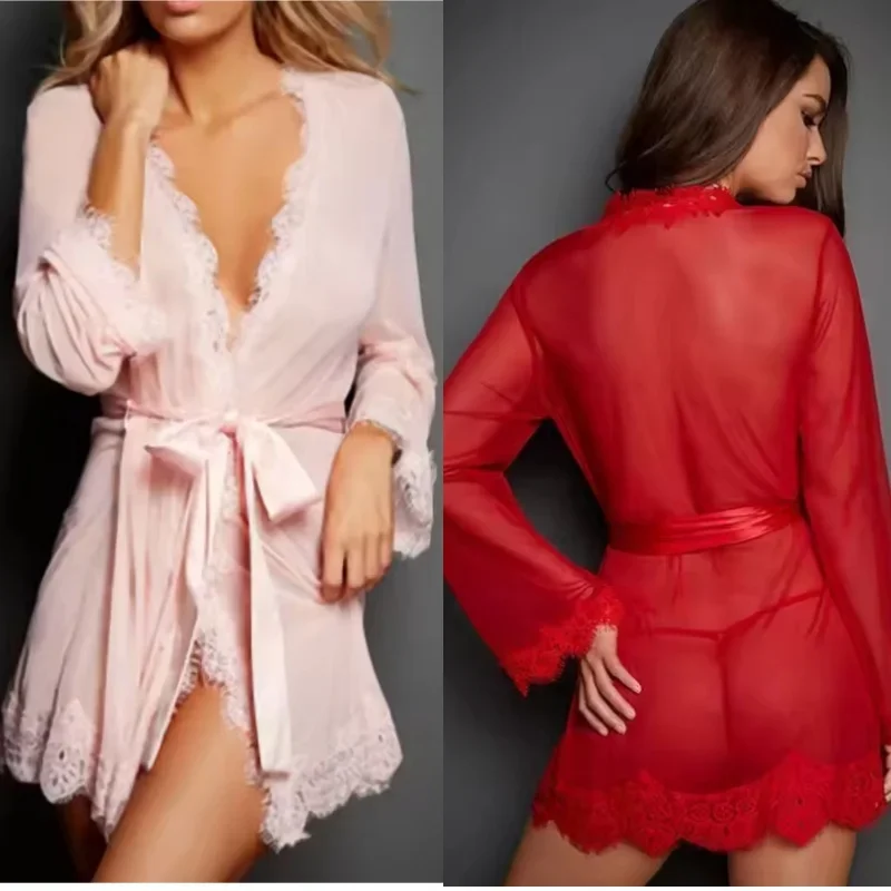 Ropa de dormir Sexy Porno para mujer, conjunto de lencería Sexy, bata de encaje, camisón, ropa interior, picardías, Tanga, camisón, ropa sexual