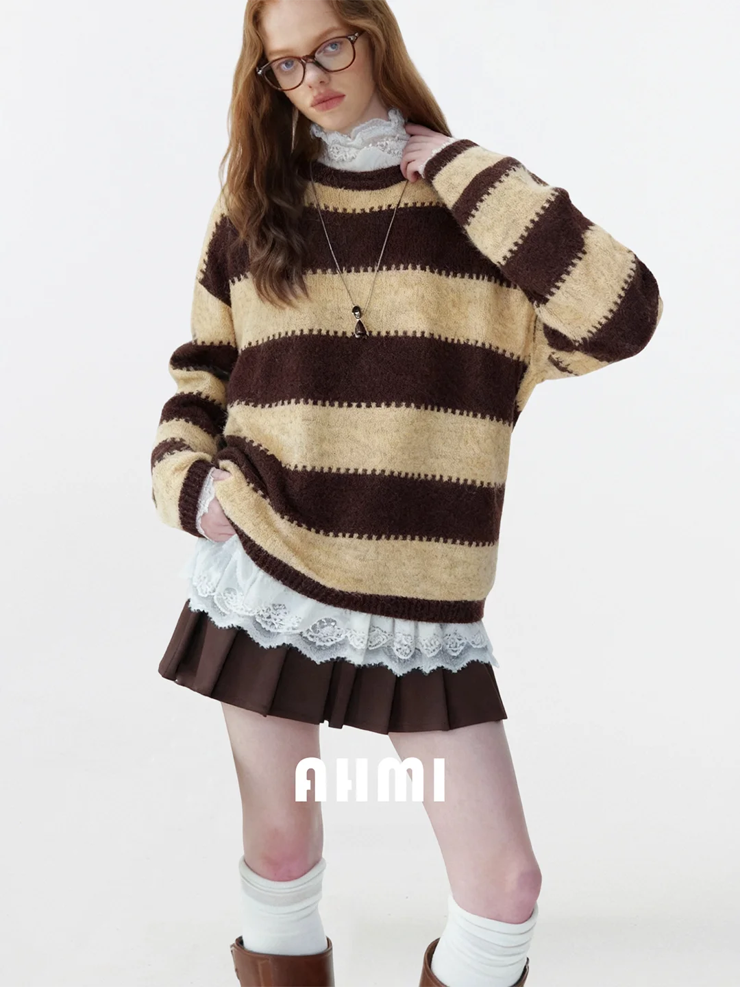 

AHMI ternoon Sun High Ratio Wool Stripe Knitted Sweater Women's Autumn Winter New Lazy Sle Top Soft Comfortable Striped K...
