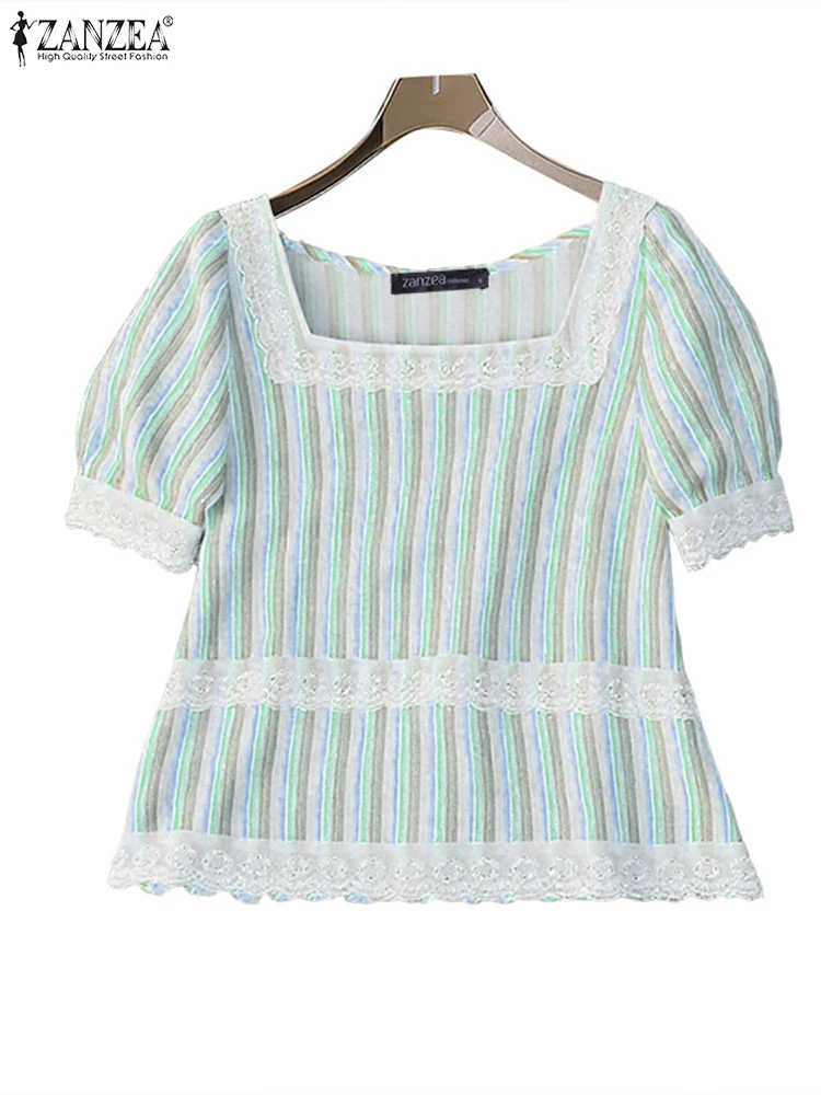 

ZANZEA Womens Striped Blouses Fashion Elegant Lace Patchwork Square Neck Puff Sleeve Blusas Mujer Day Wear Summer Smock Tops