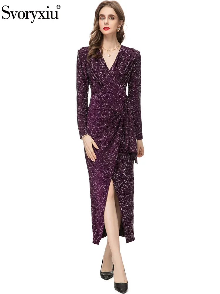 

Svoryxiu Fashion Designer Autumn Purple Vintage Long Dress Women V-Neck Diamond High Waist Sexy Buttock Covering High Slit Dress