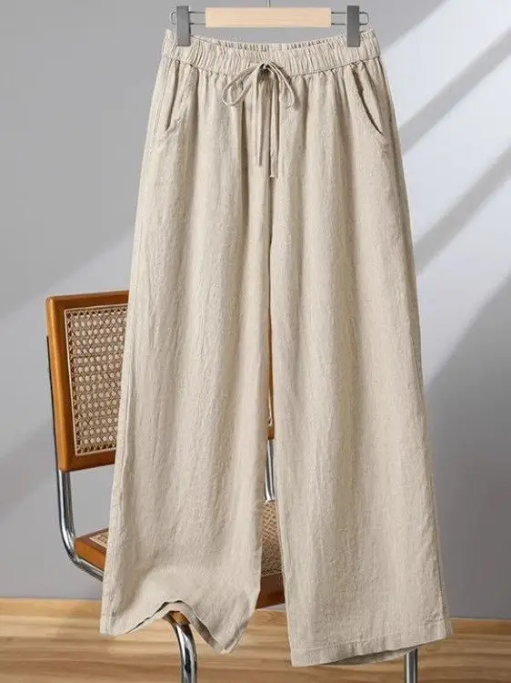 High Waist Wide Leg Cotton Linen Pants Women's Summer Drapey Tai Chi Pants Large Size Drawstring Straight Casual Mom Pants