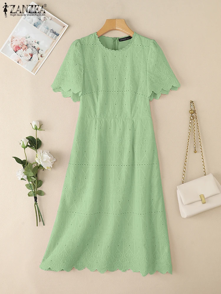Women Summer Lace Crochet Dress ZANZEA Elegant O Neck Short Sleeve Office Work Midi Robe Stylish Casual Holiday Party Sundress