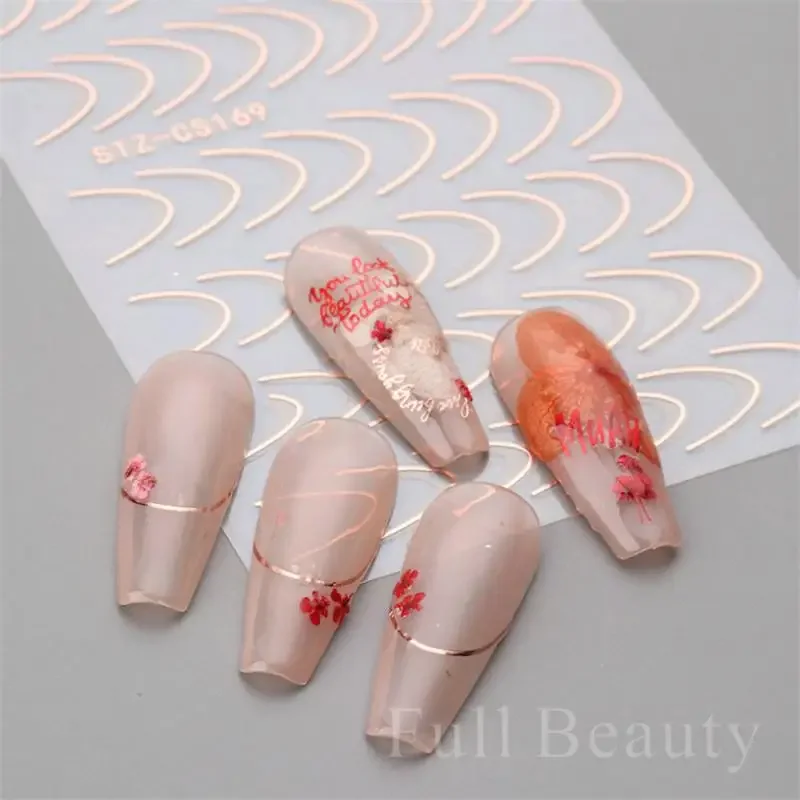 French Tips Nail Stickers 3D Gold Rose Curve Stripe Lines Swirl Sliders Manicure Adhesive Gel Nail Art Decals TRSTZ-CS169