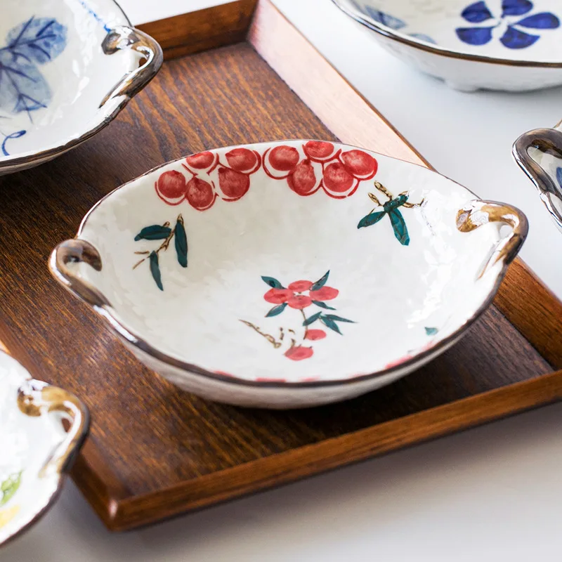 Plato de Cena, Plato para Curry, Plato para Frutas, Plato para Aperitivos, Estilo Japonés Mino-yaki, Pintado a Mano, Vintage, con Doble Asa
