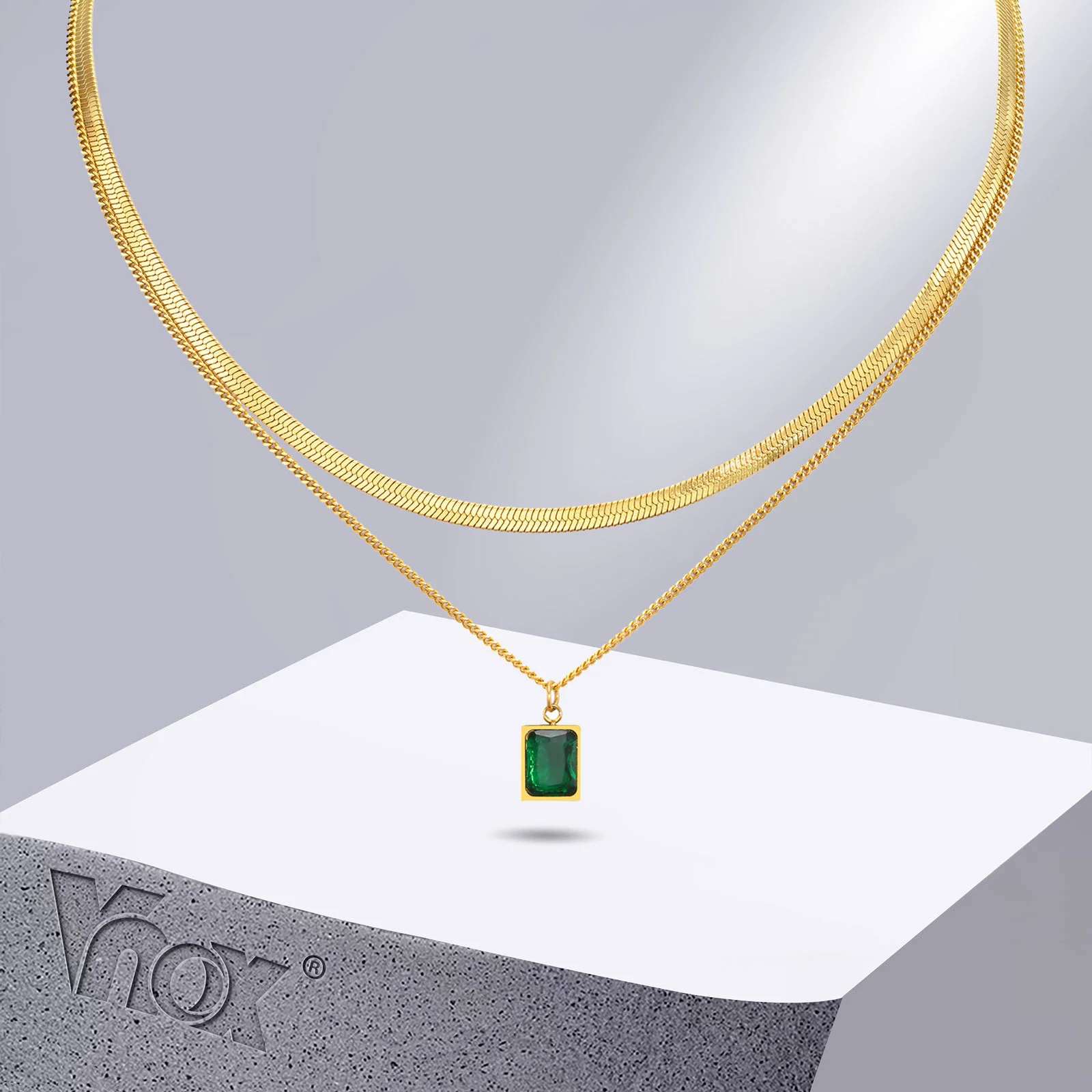 Vnox Chic Double Layers Snake Curb Chain Necklaces for Women Gift Jewelry, Gold Color Stainless Steel Square Stone Charm Collar