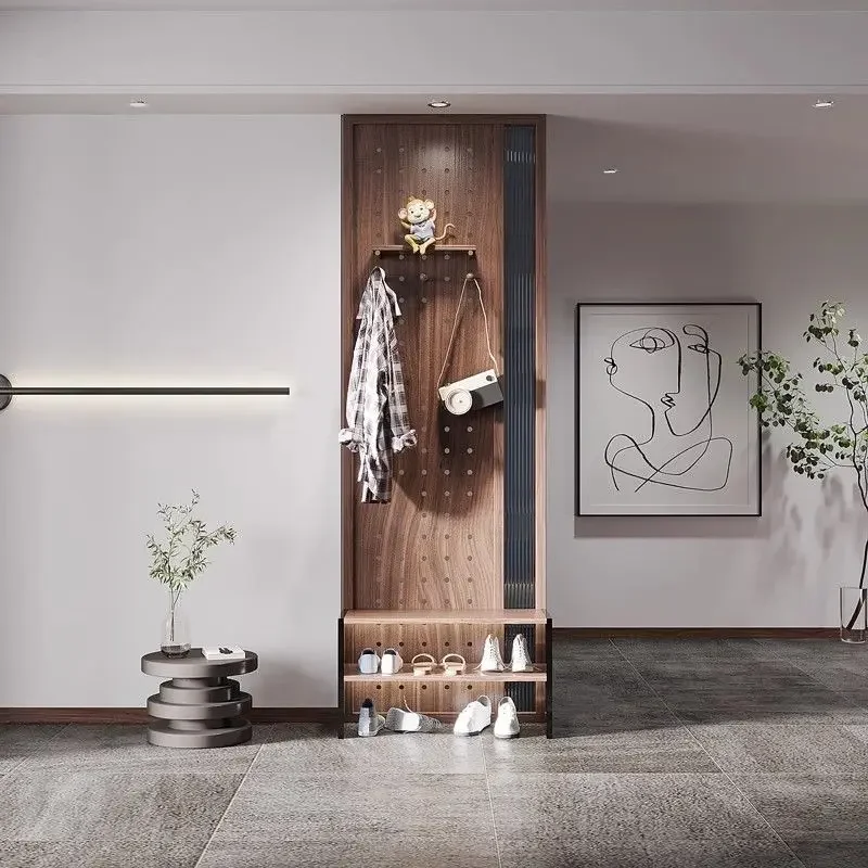 Entry into the door Solid wood hole board rack, screen partition, new Chinese shoe cabinet shoe changing stool integrated