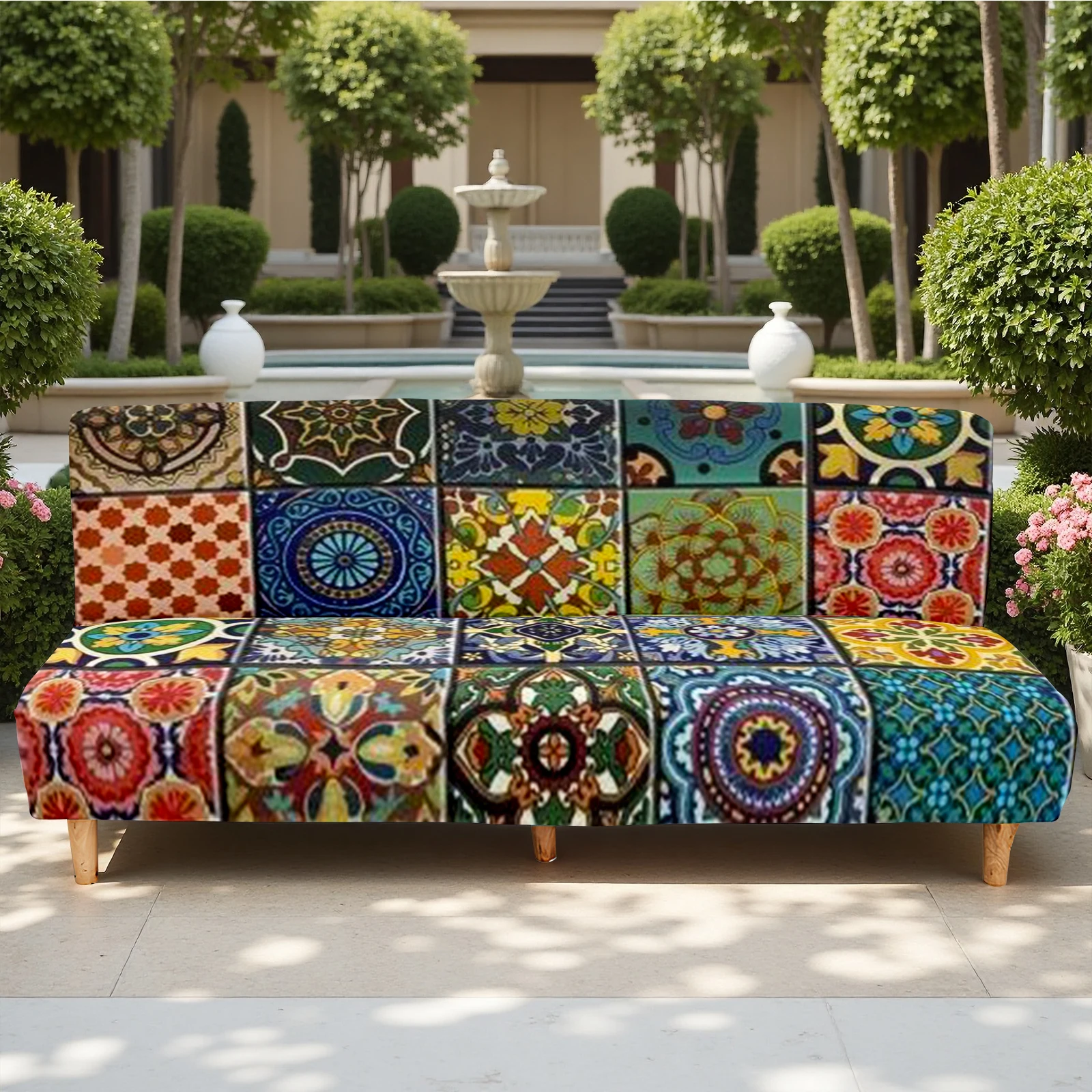 Bohemian Tile Printed Summer Outdoor Sofa Bed Cover, Milk Silk Elastic Slipcover for Indoor/Outdoor Use, Pet