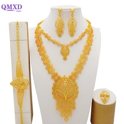 Indian Dubai Gold Color Jewelry Set For Women Bridal Long Necklace Set Nigerian Choker Necklace Bracelet Earring Ring Sets