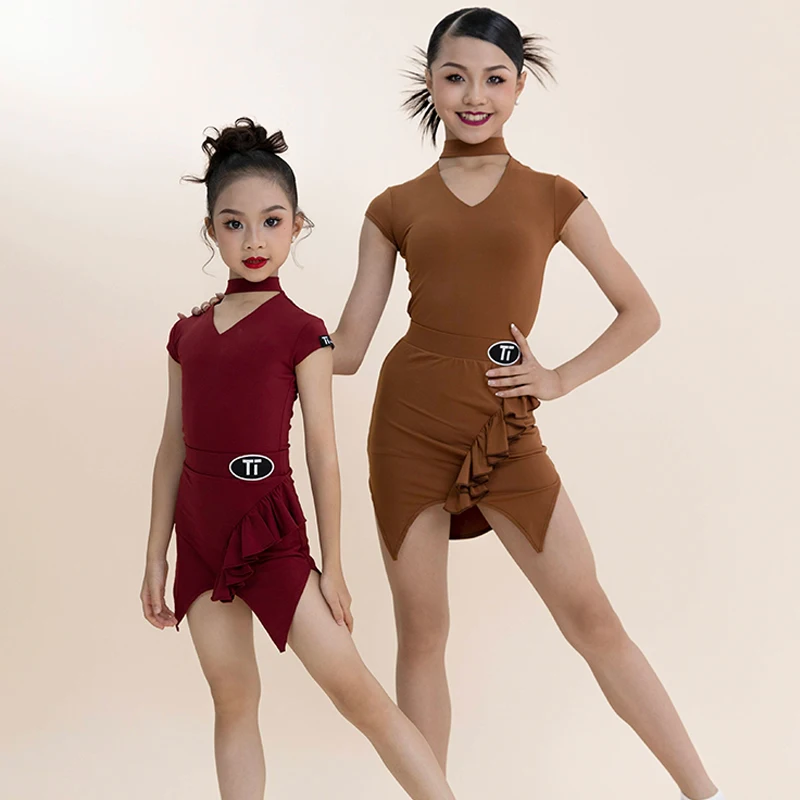 

Children'S Latin Dance Dress Short Sleeved Split Set Training Clothes Chacha Rumba Tango Kids Latin Performance Dress DN18683