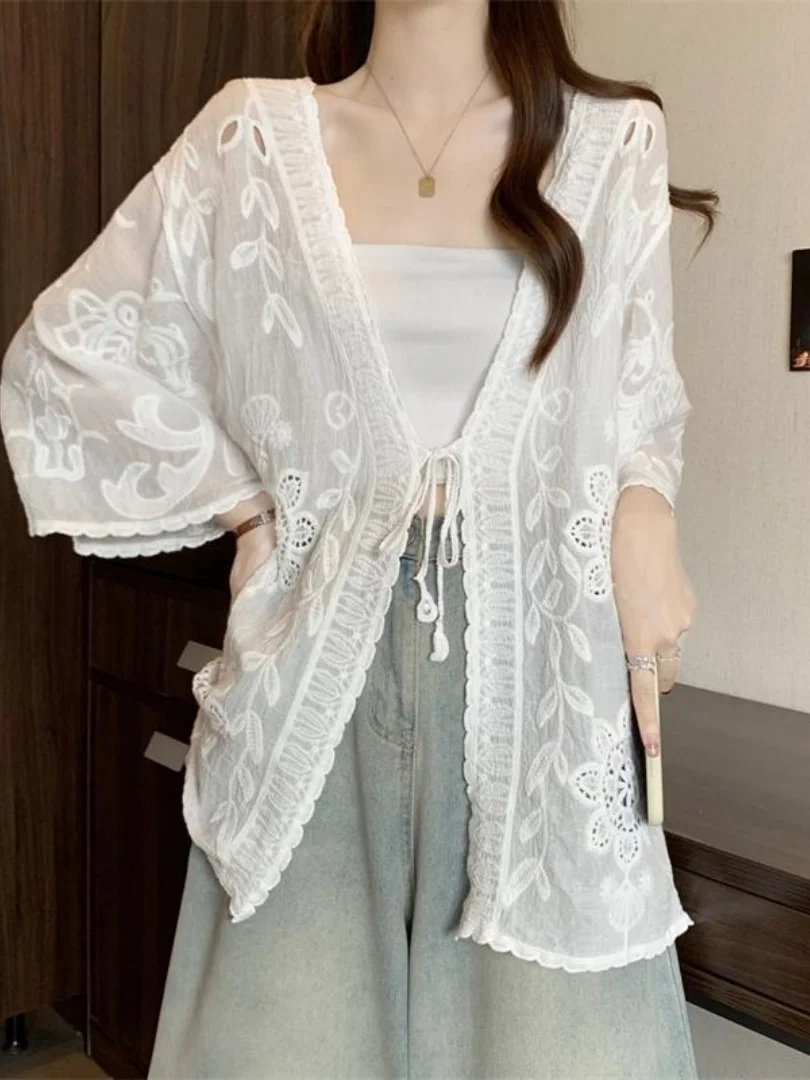 

Summer plus Size Lace Splice Hollow Thin Cardigan V-Ne Belted 3/4 Sve Open-irt Sle Korean Loose Fit Single Piece
