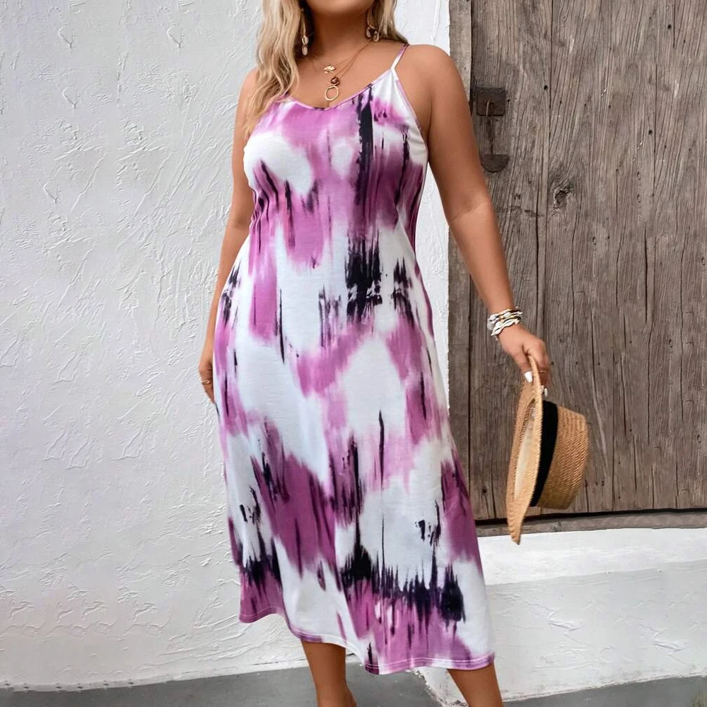 Damska sukienka na ramiączkach Spaghetti Plus Size 5XL Kolorowy nadruk Tie Dye Elegancka sukienka na ramiączkach Boho Sexy V-neck Backless Holiday