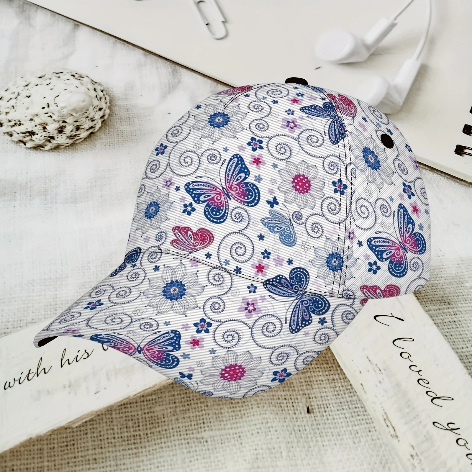 Butterfly Floral Paisley Print Baseball Cap Blue Pink Swirl Pattern Adjustable Dad Hat Breathable Sun Hat for Women Romantic