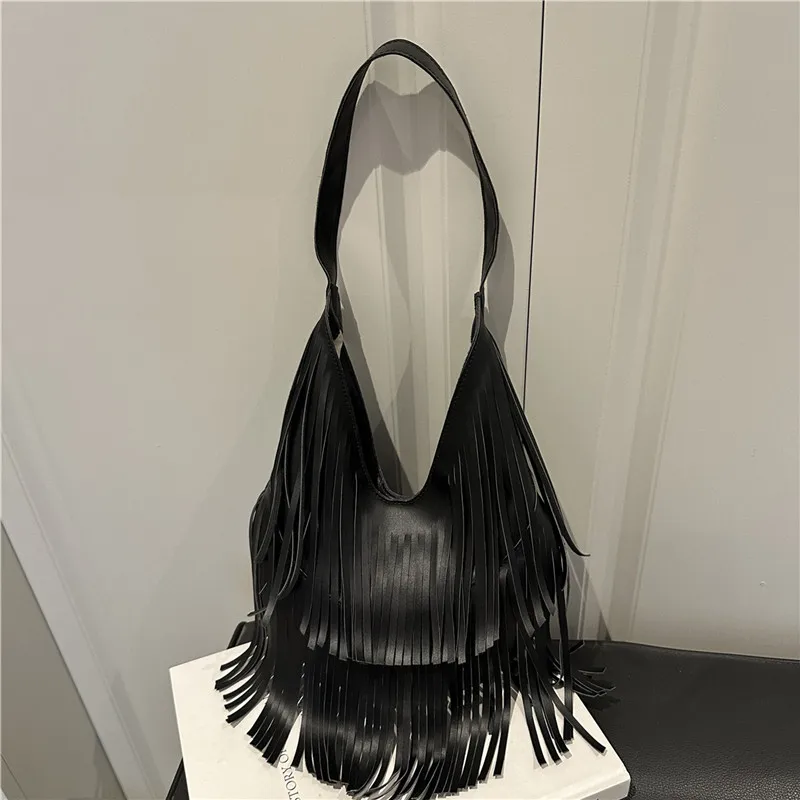 

Women Fashion Tassel Shoulder Bag Trendy PU Leather Handbag Large Capacity Casual Underarm Pouch Commute Solid Black Tote Bag
