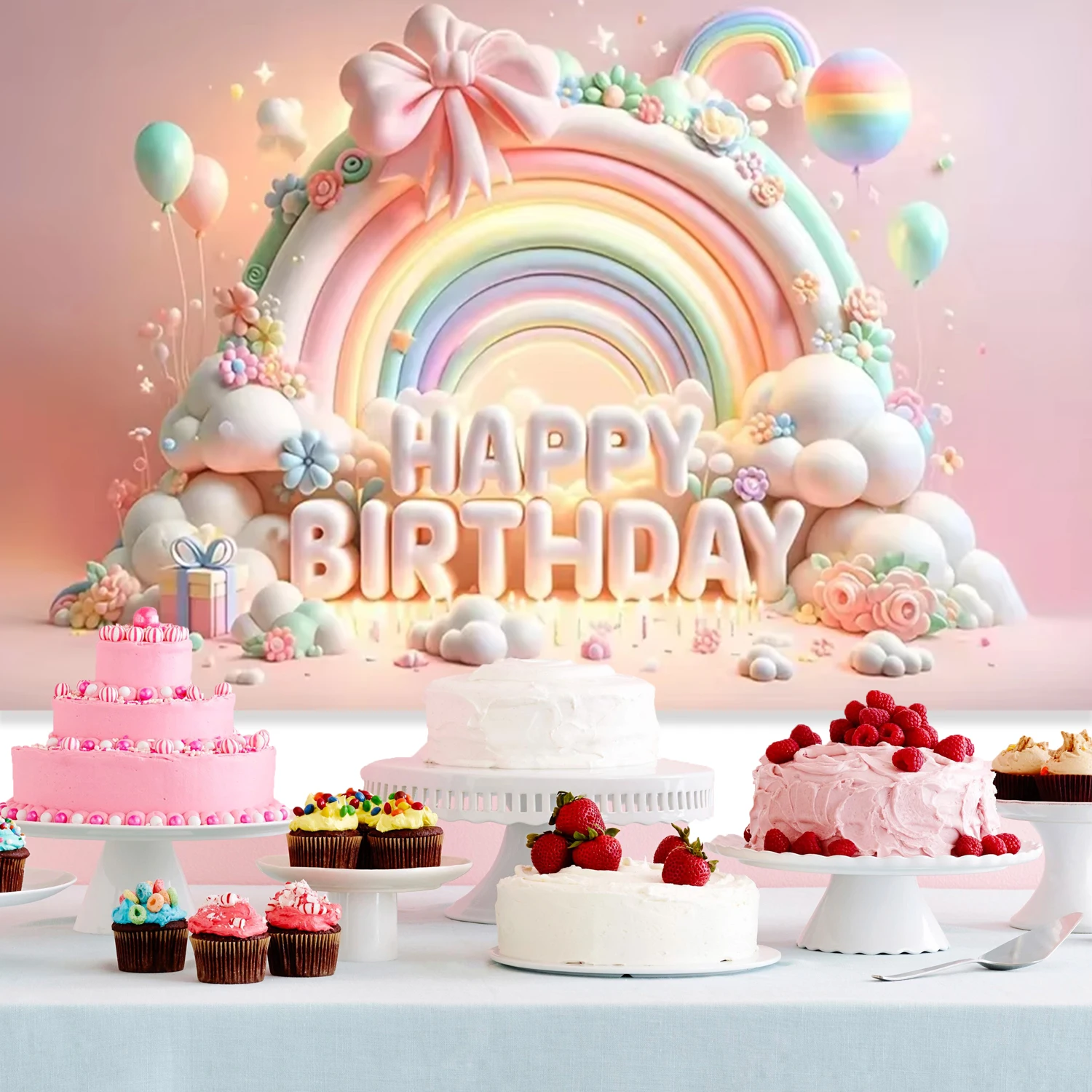 3D Balloon Rainbow Theme Background Cloth Pink Newborn Baby Girl Colorful Birthday Party Photography Prop Decoration Gift Banner