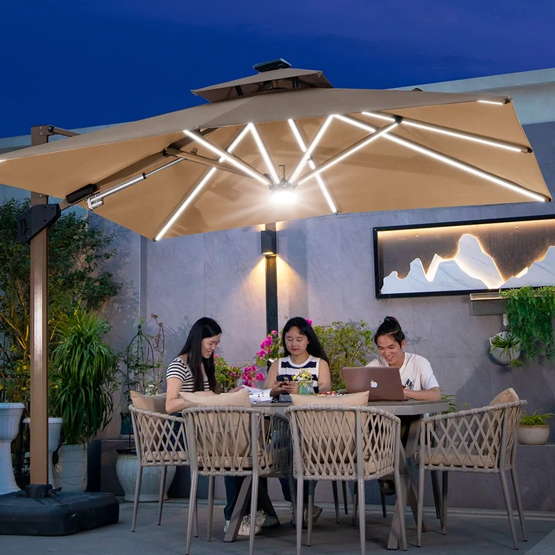 Outdoor Sun Umbrella Aluminum Wind Resistant Hydraulic Patio Umbrella With Base For Backyard Terrace