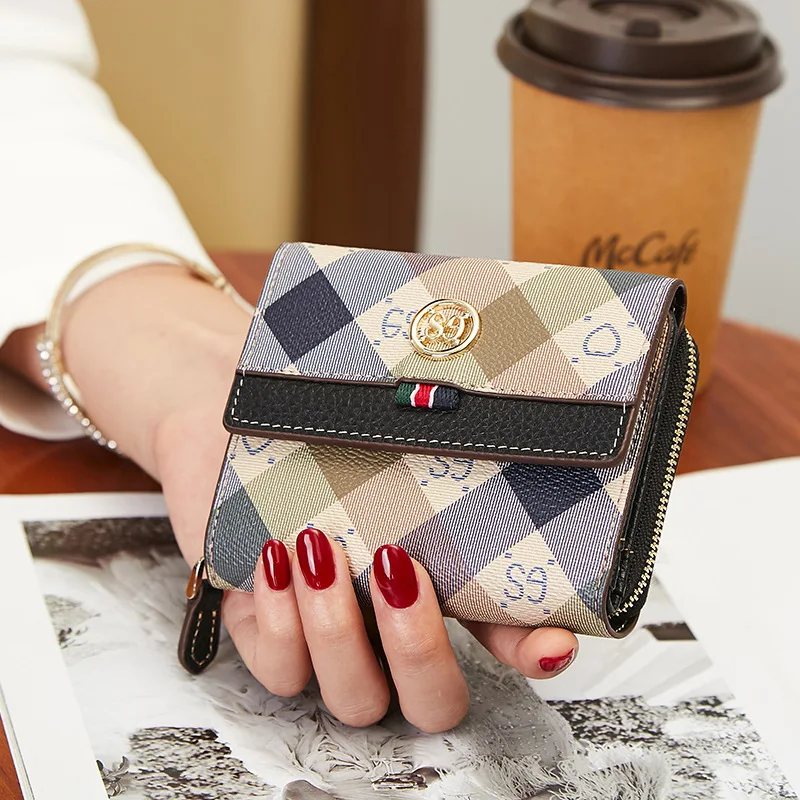 Women Genuine Leather Wallets Short Cowhide Purse With Logo Brand Design Female Card Holders Colorful Plaid Billfold Organizer