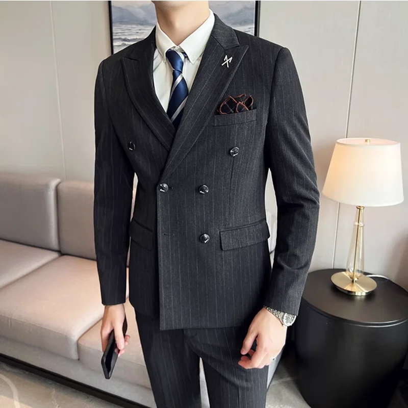 

(Jacket+Pants+Vest) Men Business Social Double Breasted Striped Suits Autumn Winter Homme Wedding Dance Party Slim Fit Dress Set