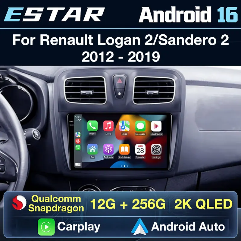 Carplay Inalámbrico Android 16 Para Renault Logan 2 Sandero 2012-2019 Radio de Auto 2din DTS BT Navegación GPS RDS Pantalla 2K Cámara 360