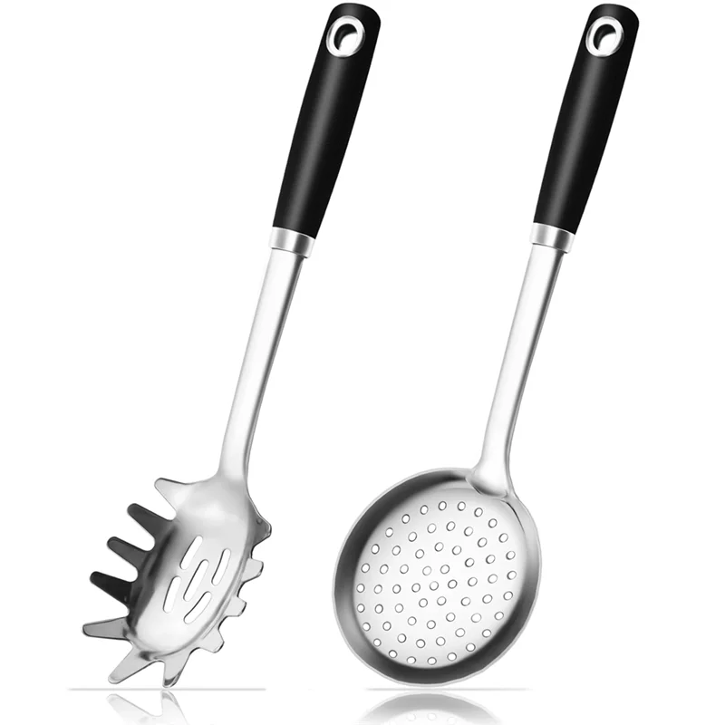 

B62B-Pasta Strainer Spaghetti Spoon& Slotted Spoon Set In 18/0 Stainless Steel, Heavy Duty Frying Tool For Cooking Skimmer