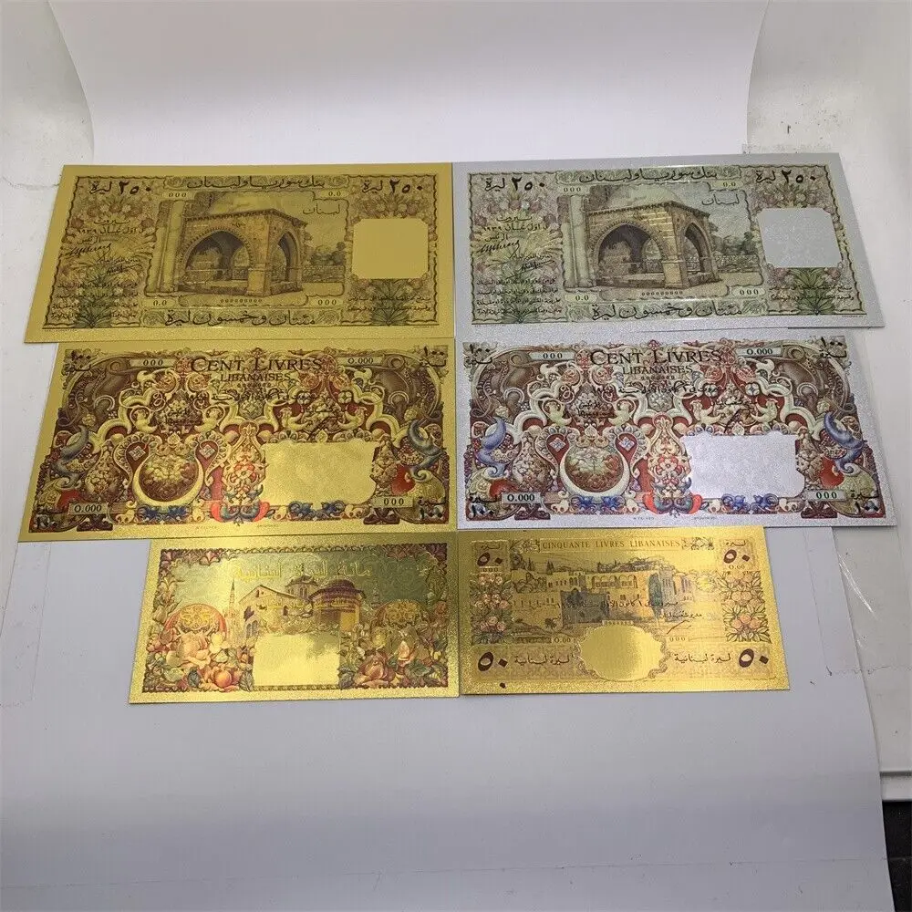 

6 types Lebanon Pound 50 100 250 Livres Liban Gold Banknote Silver Cards Souvenir Business Gift for Collection Home Decor