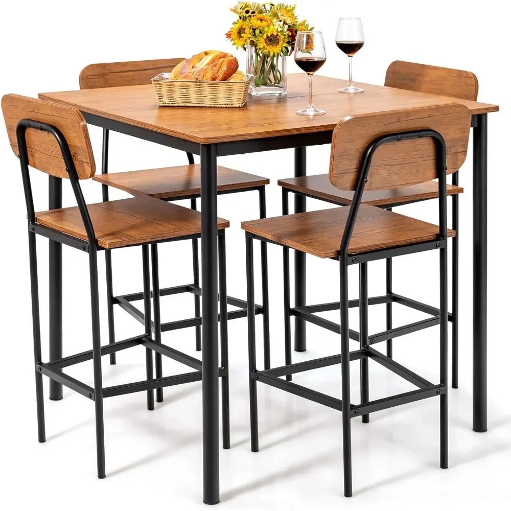 

Dining Table Set W/Counter Height Table & 4 Bar Stools, Industrial Kitchen Dining Table Set W/Footrest & Backrest