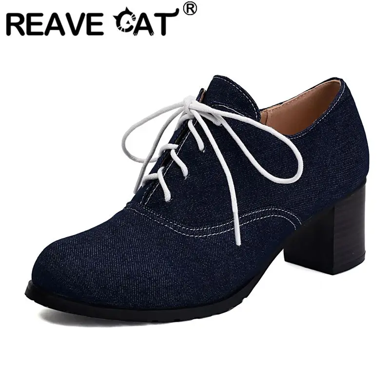 

REAVE CAT Бренд 2025 Женские туфли-лодочки для отдыха с круглым носком и блочным каблуком 5,5 см на шнуровке Большой размер 43 44 45 Мягкая повседневная женская обувь Весна