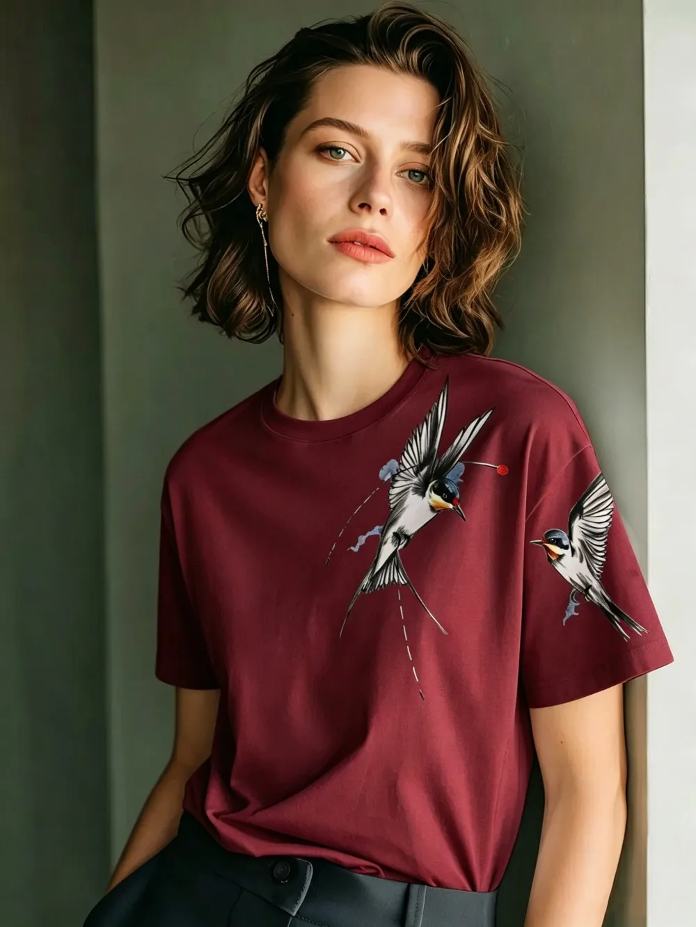 Flying Swallows Prints Baumwoll-T-Shirts für Damen, Sommer-Kurzarm-T-Shirts, O-Ausschnitt, weiche, übergroße Oberteile, einfache, bequeme Kleidung – Detail 22