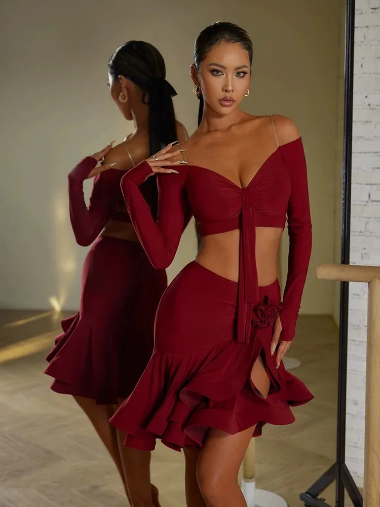 

Sexy Off Shoulder Latin Top Ruffled Skirts Women Latin Dance Costume Stage Performance Clothes Adults Samba Dancewear