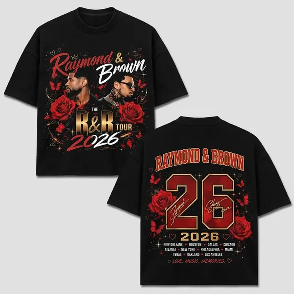 Camiseta Brown Raymond Rose, Camiseta Raymond And Brown The RB Tour 2026, Merchandising de Conciertos R&B Hip Hop con Slogan Love Music Memories, Ropa Vintage Bootleg Red Roses, Atuendos Casuales Oversize de Gran Gramaje, Ropa Negra Lavada Unisex