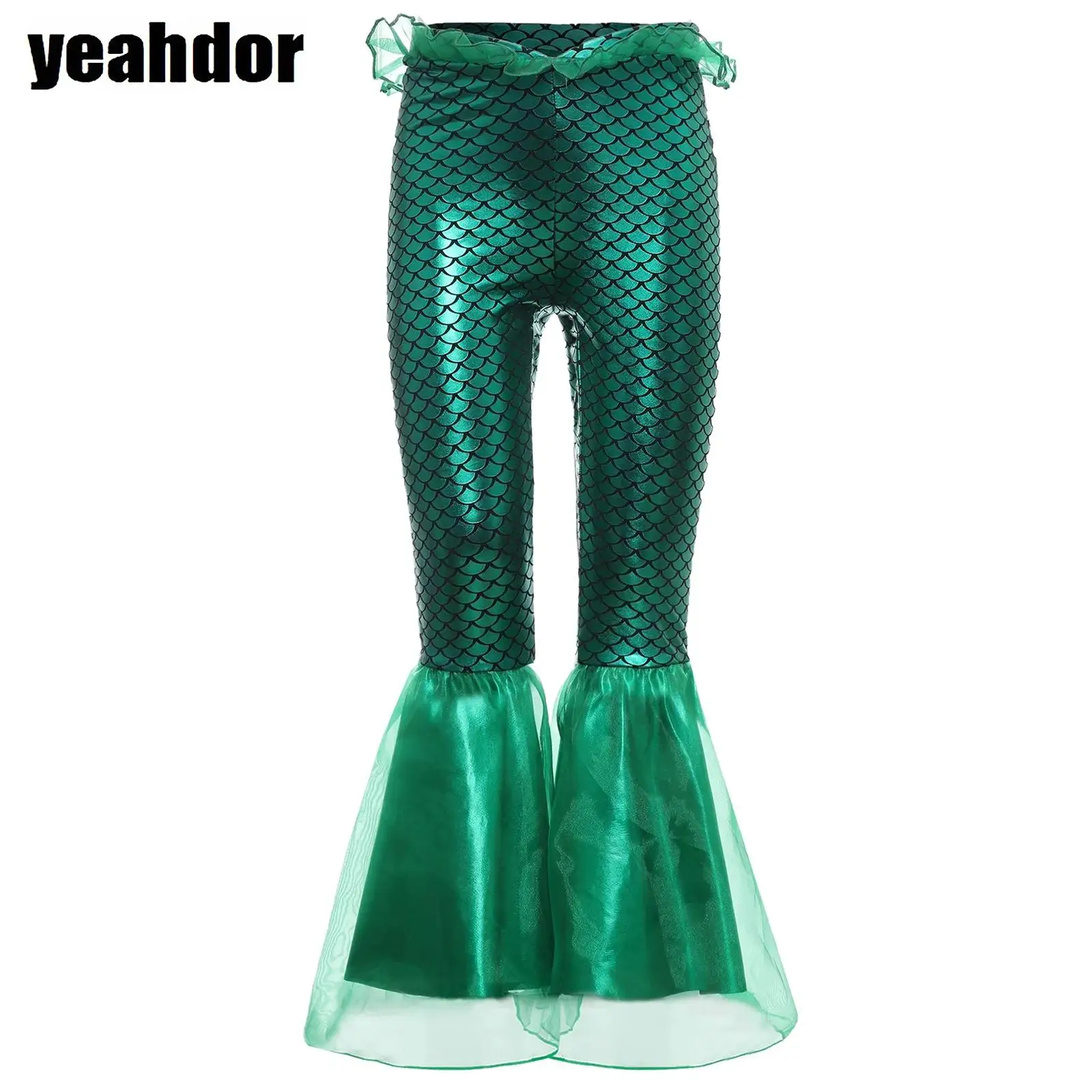 

Girls Mermaid Pants Halloween Mermaid Cosplay Costume Trousers Elastic Waist Flared Pants Metallic Shiny Fishscale Print Pants