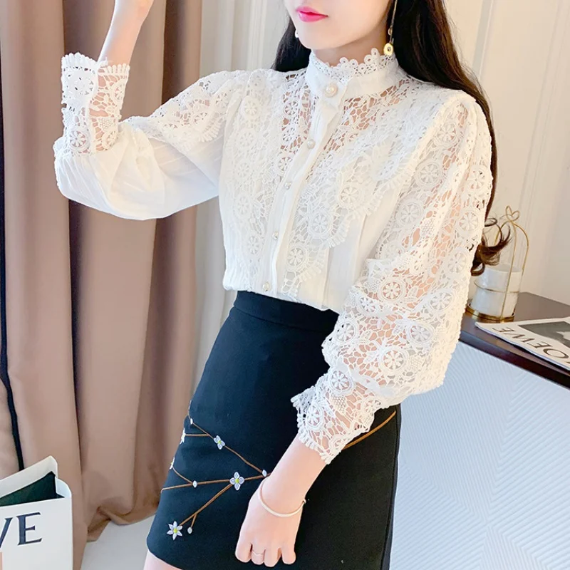 Office Lady Elegant Hollow Out Lace Shirt Women Fashion Long Sleeve Stand Collar Blouses Casual Solid Color Tops