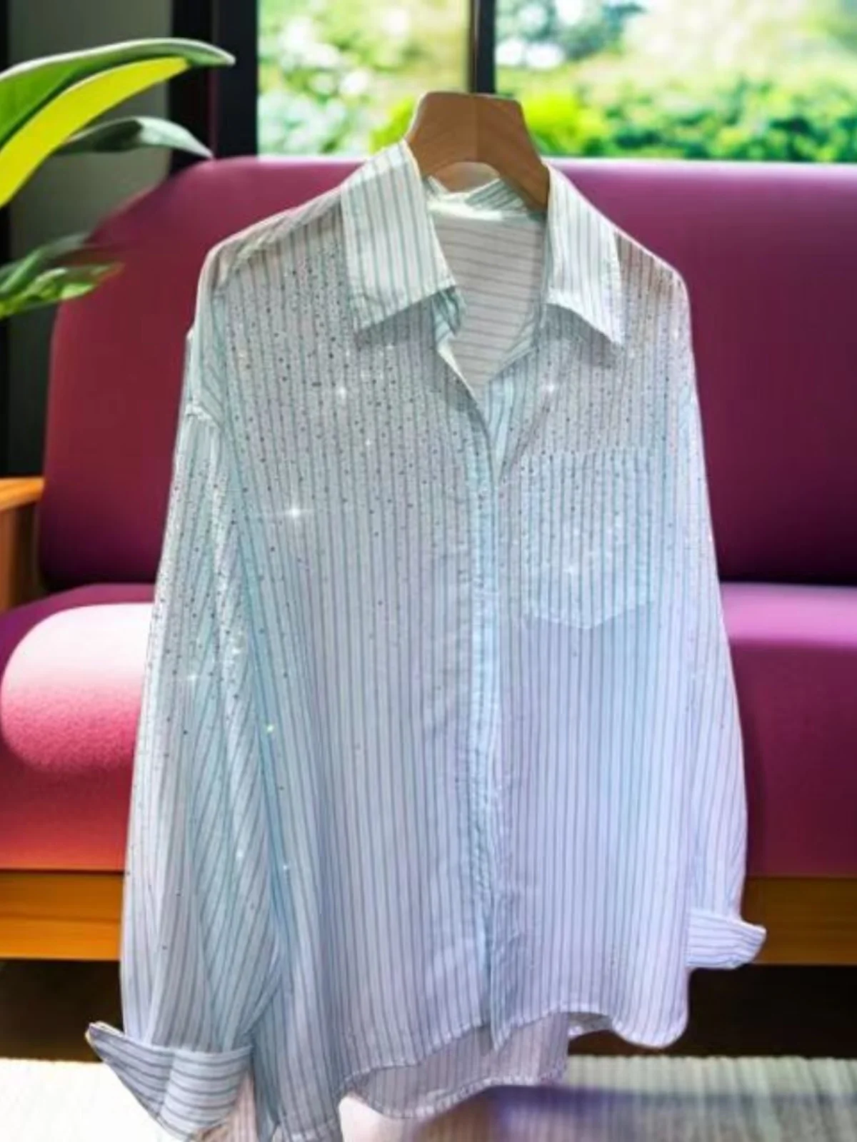 

Heavy-Work Rhinestone Long-Sve Women's irt Summer 2024 New Loose Slimming Faionable Striped Sun Protection Polyester B...