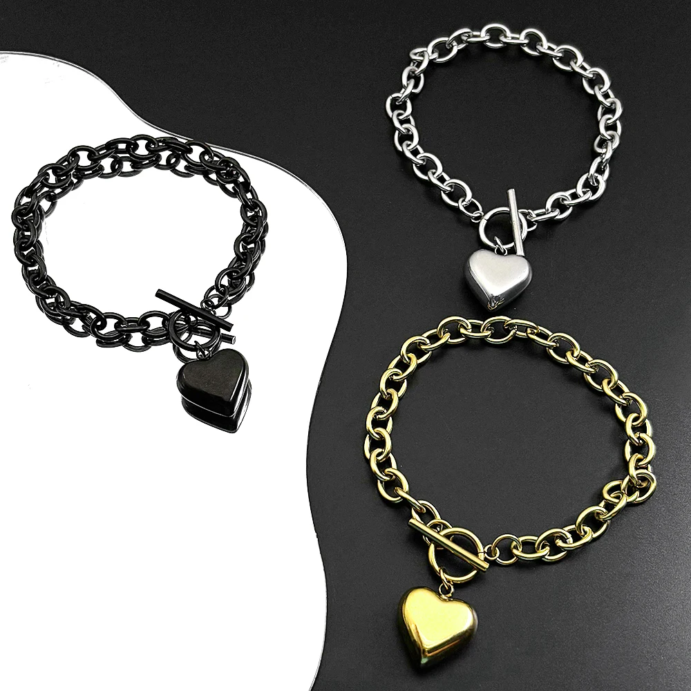 

Stainless Steel Hip Hop Heart Shaped Bracelet for Women Men Gold Silver Color Hand Chain Fashion Couple Jewelry Gifts