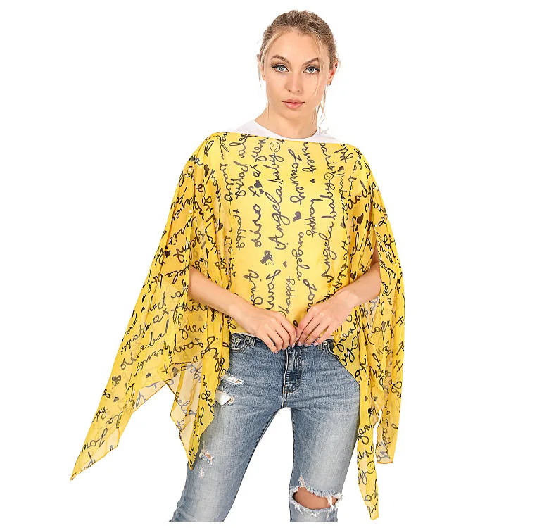 Fashion Women  Ponchos Capes Summer Sunshade Imitation Silk Button Shawl Letter Printing Sunscreen Shawl Cloak Yellow