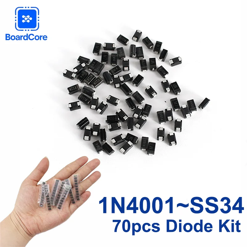 70/90pcs SMA SMD Rectifier Diode Kit 1N4001 1N4004 1N4007 SS14 SS24 SS34 SS16 SS26 SS36 for DIY PCB Circuit Board Projects