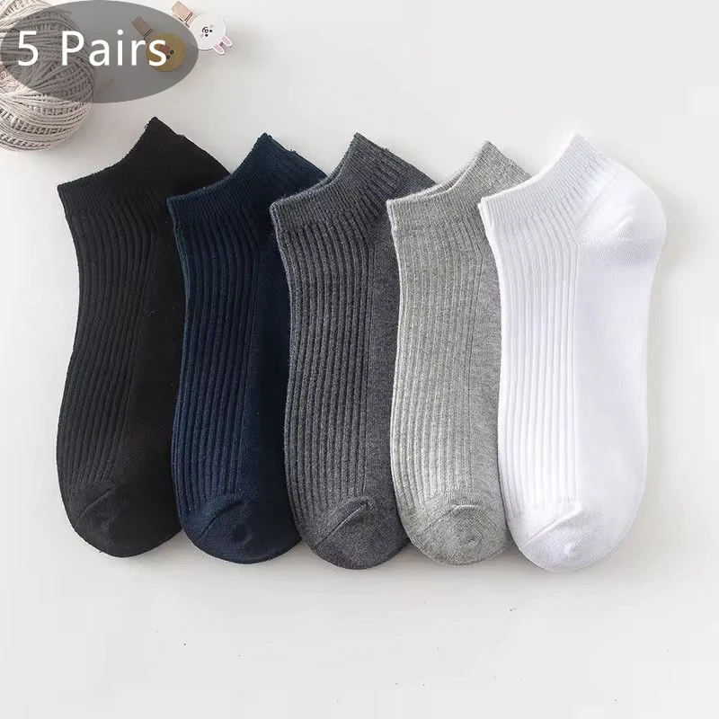 

5 Pairs Man Ankle Crew Socks Cotton Solid Striped Vintage Business Sweat-Absorbing Breathable Boat No Show Socks Invisible