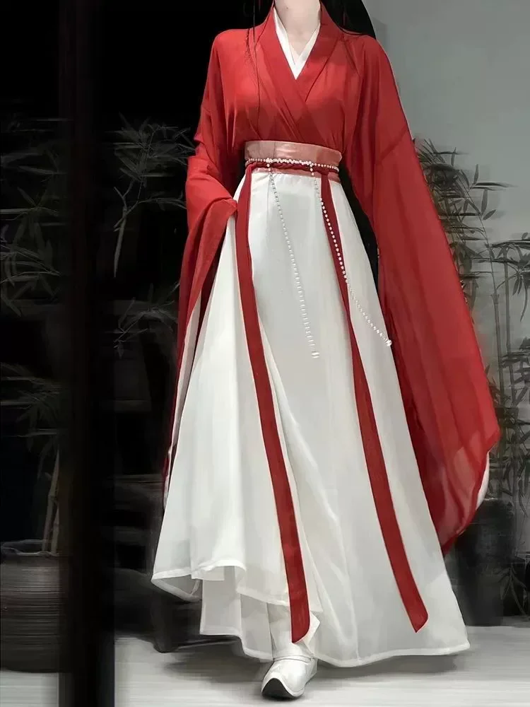 WeiJin Dynasty Red Hanfu Dress Chinese Traditional Women's Clothing Retro Stage Cospaly Princess Dance Costumes