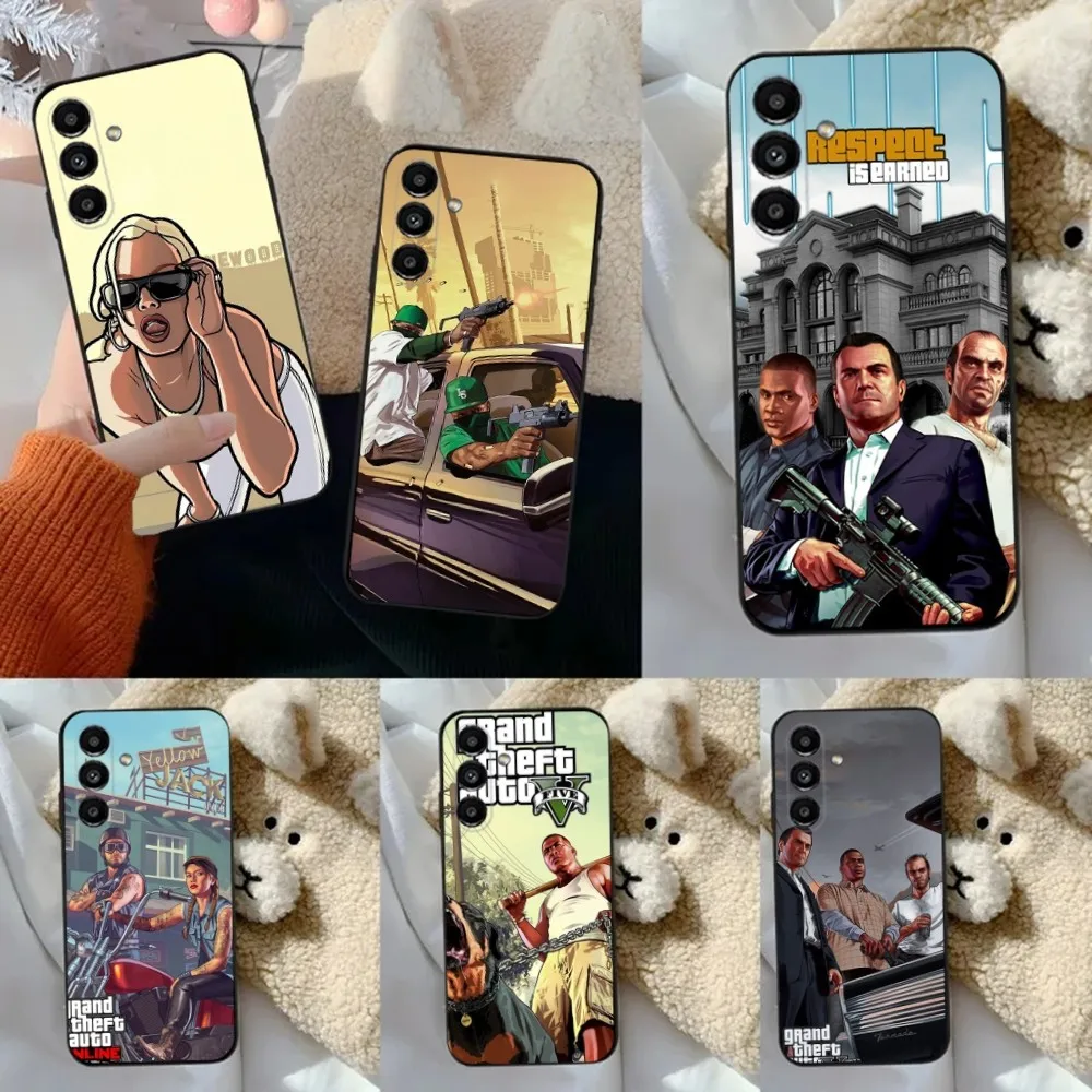 حافظة هاتف G-GTA V Game لهاتف سامسونج S24,23,22,30,21,10,9,Ultra,Plus,Lite,FE,5G حافظة سوداء ناعمة