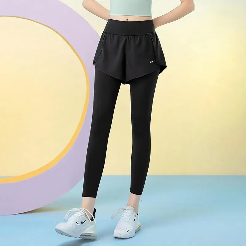 

Брюки для фитнеса с высокой талией, женские уличные осенние праздничные двухсекционные тонкие эластичные брюки для йоги, профессиональные брюки для бега в тренажерном зале