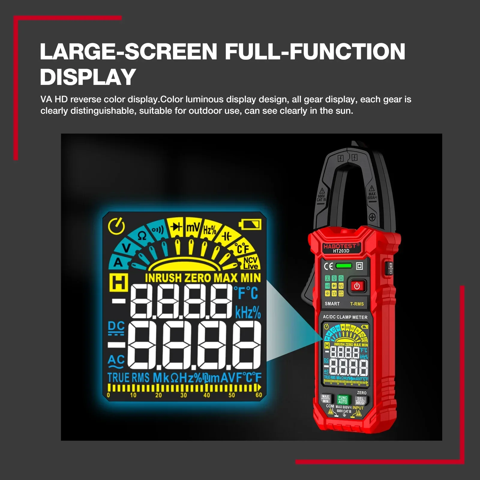 HABOTEST HT203D Digital Clamp Meter Multimeter AC Current and AC/DC Voltage Tester with Amp Ohm Continuity Hz Tester Voltmer