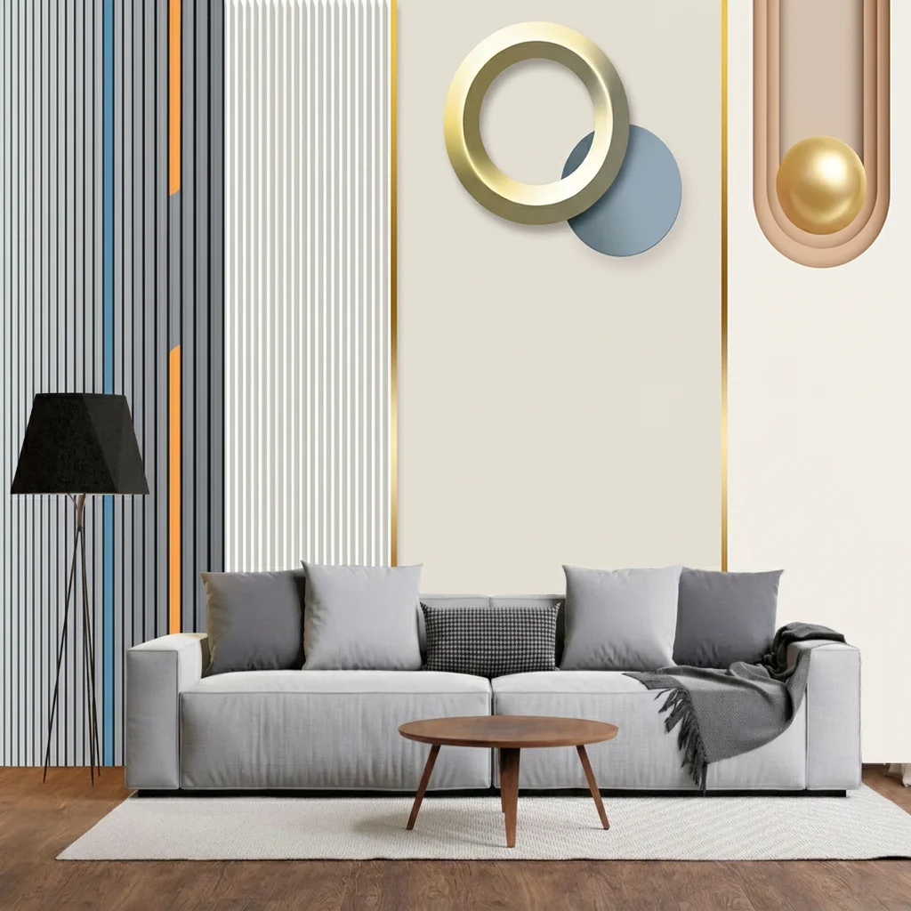 Metal circular rings, three-dimensional spheres, and vertical lines, bedroom background wall, self-adhesive material.