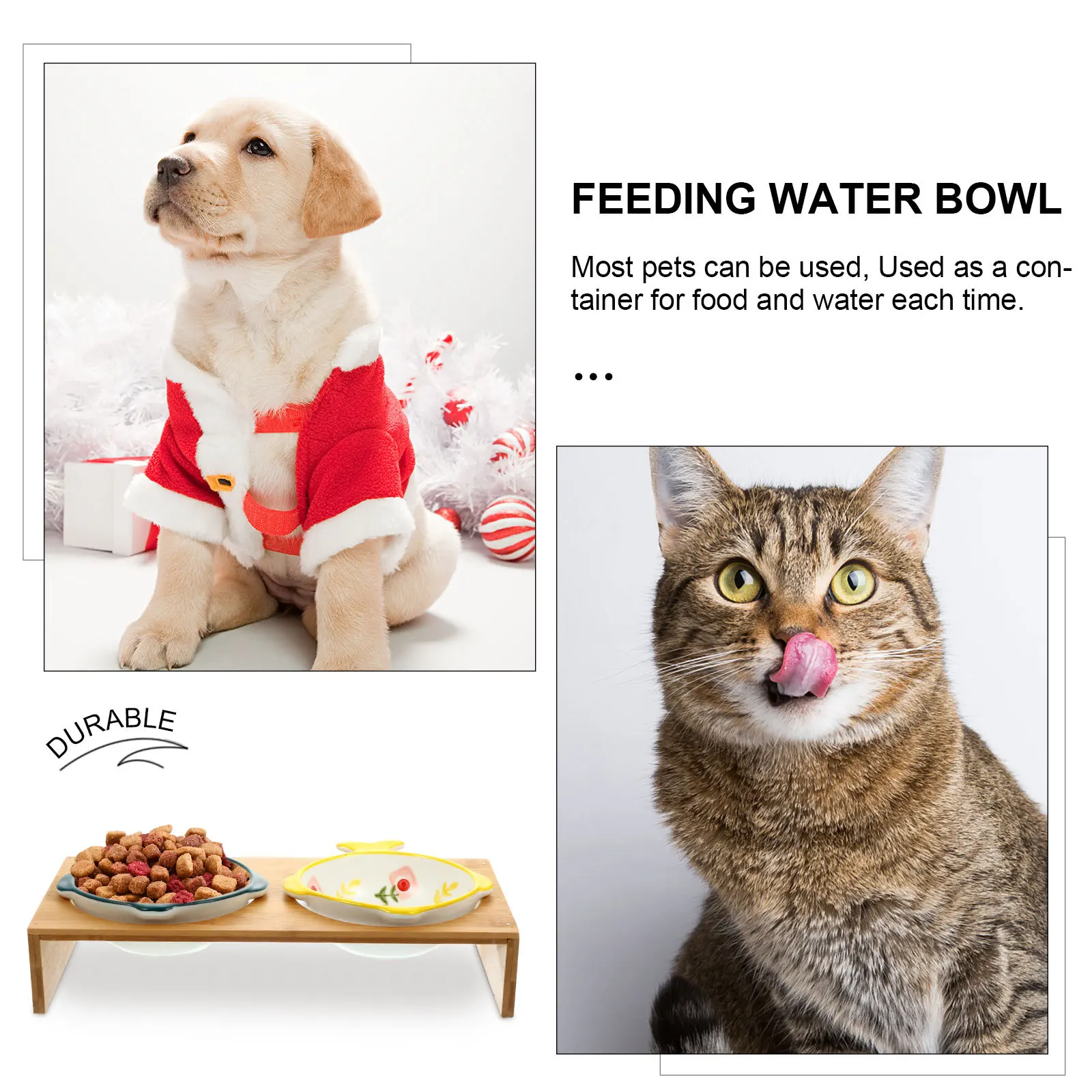 

Creative Raised Cat Feeder Bamboo Stand Ceramic Double Bowls for Small Dogs Cats Comfortable Dining Experience